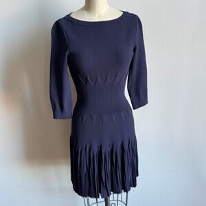 ALAÏA Navy Fitted Mini Dress with Zig-zag Waist and Pleated Skirt